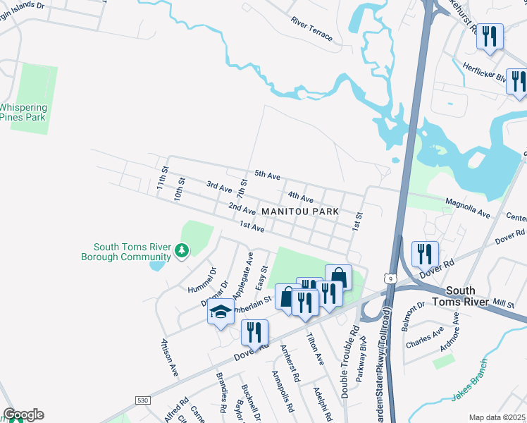 map of restaurants, bars, coffee shops, grocery stores, and more near 121 2nd Avenue in Toms River
