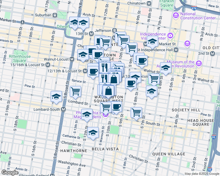 map of restaurants, bars, coffee shops, grocery stores, and more near 1029 Spruce Street in Philadelphia