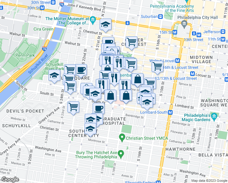 map of restaurants, bars, coffee shops, grocery stores, and more near 1906 Waverly Street in Philadelphia