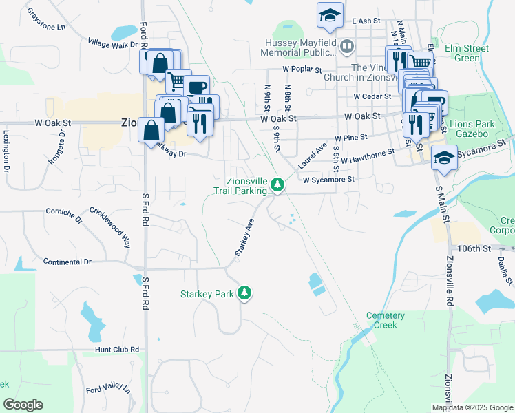 map of restaurants, bars, coffee shops, grocery stores, and more near 890 Starkey Avenue in Zionsville