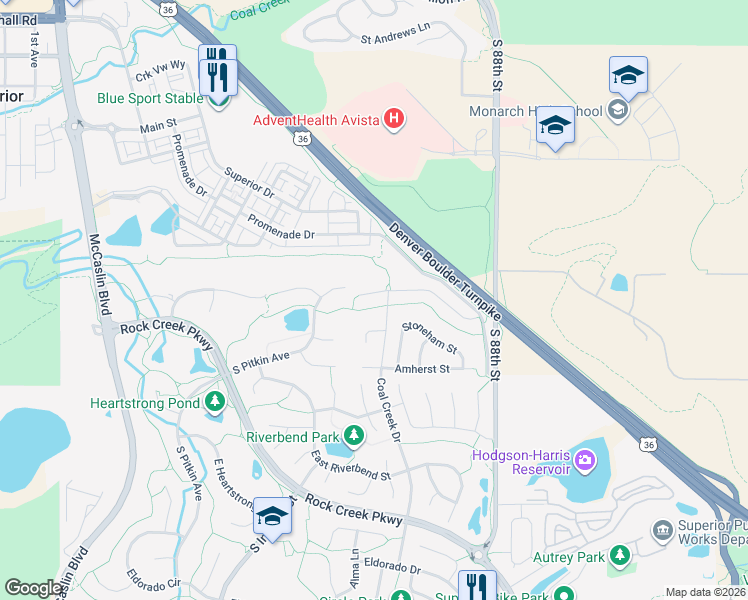 map of restaurants, bars, coffee shops, grocery stores, and more near 1230 Lanterns Lane in Superior