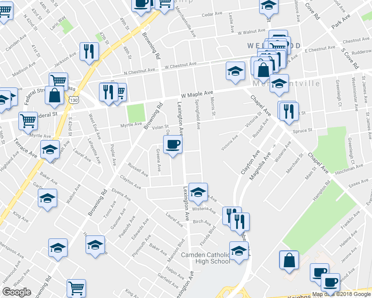 map of restaurants, bars, coffee shops, grocery stores, and more near 4674 Lexington Avenue in Pennsauken Township