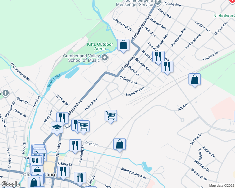map of restaurants, bars, coffee shops, grocery stores, and more near 883 Broad Street in Chambersburg