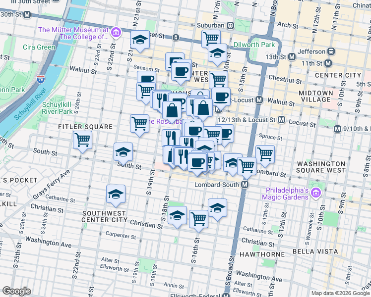 map of restaurants, bars, coffee shops, grocery stores, and more near in Philadelphia