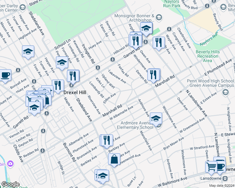 map of restaurants, bars, coffee shops, grocery stores, and more near 2704 Eldon Avenue in Drexel Hill