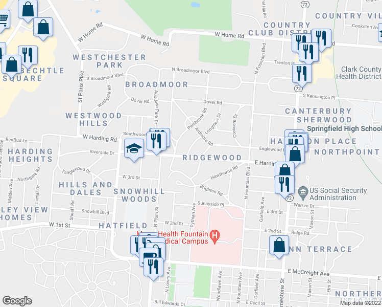 map of restaurants, bars, coffee shops, grocery stores, and more near 276 West Harding Road in Springfield
