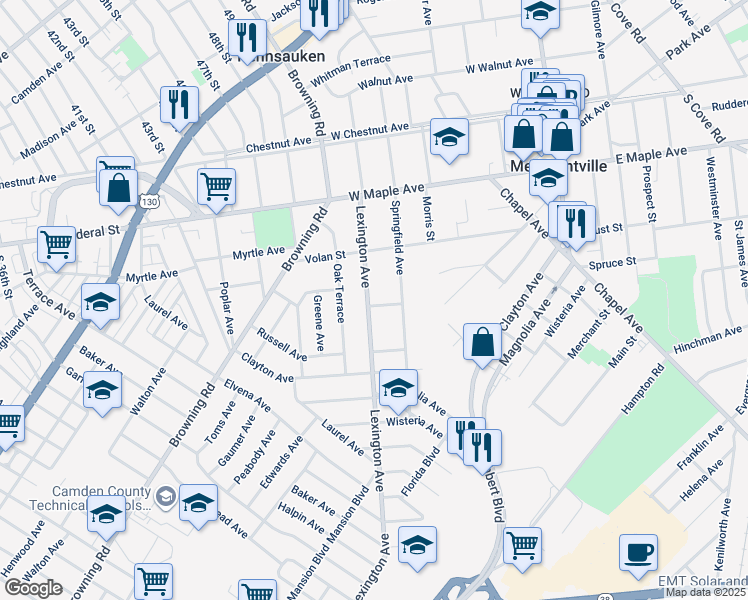 map of restaurants, bars, coffee shops, grocery stores, and more near 4674 Lexington Avenue in Pennsauken Township