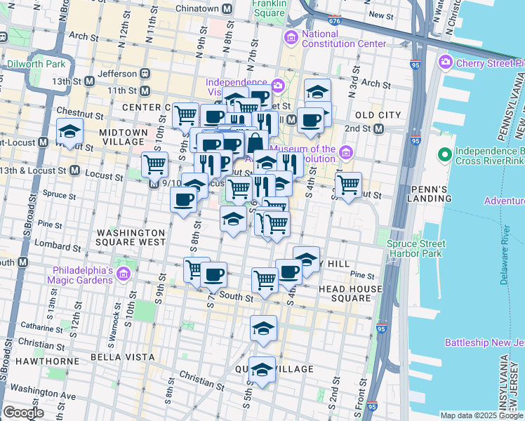 map of restaurants, bars, coffee shops, grocery stores, and more near 241 South 6th Street in Philadelphia