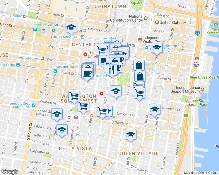 map of restaurants, bars, coffee shops, grocery stores, and more near 734 Manning Street in Philadelphia
