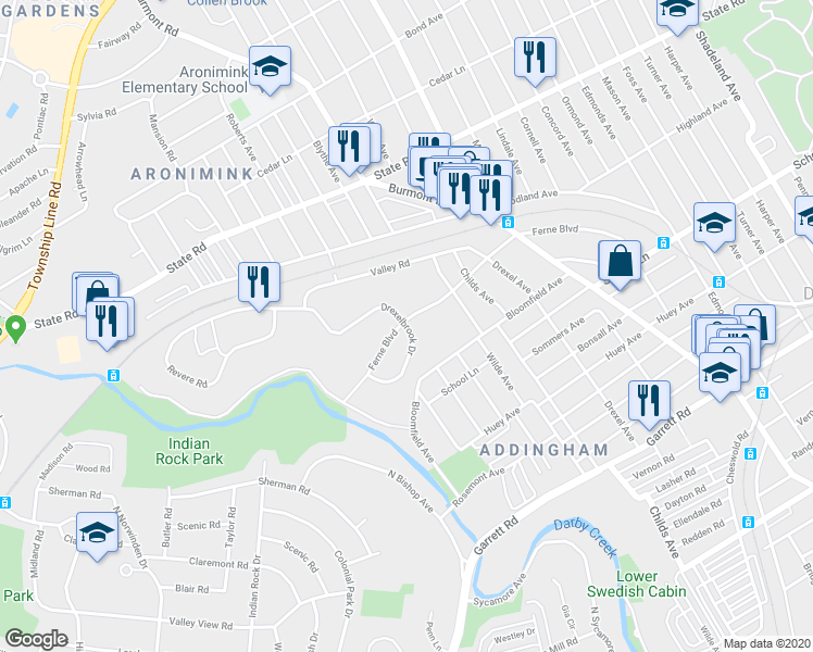 map of restaurants, bars, coffee shops, grocery stores, and more near 3101 Drexelbrook Drive in Upper Darby