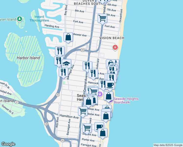 map of restaurants, bars, coffee shops, grocery stores, and more near 121 Kearney Avenue in Seaside Heights