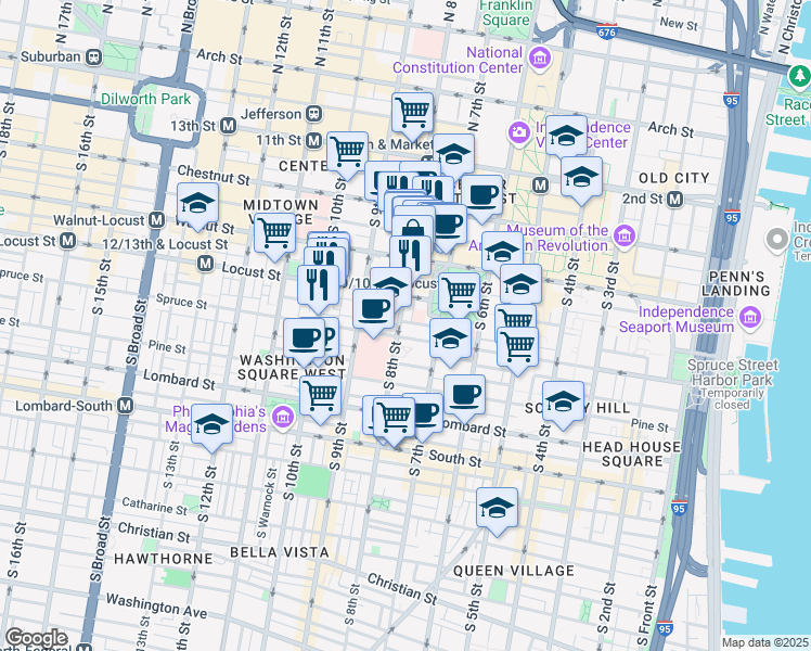 map of restaurants, bars, coffee shops, grocery stores, and more near 736 Manning Street in Philadelphia