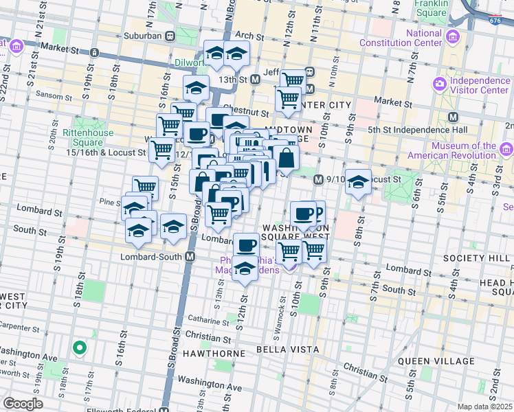 map of restaurants, bars, coffee shops, grocery stores, and more near 1220 Spruce Street in Philadelphia