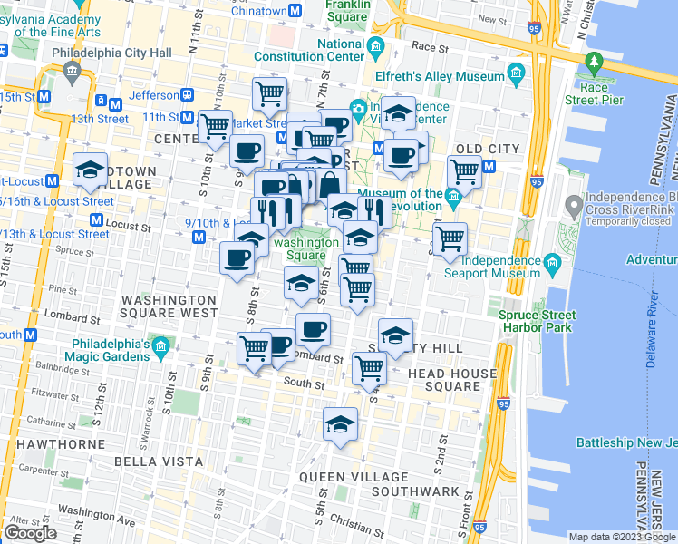 map of restaurants, bars, coffee shops, grocery stores, and more near 227 South 6th Street in Philadelphia