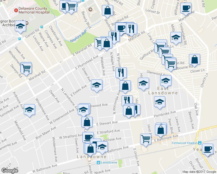 map of restaurants, bars, coffee shops, grocery stores, and more near 164 Woodland Avenue in Lansdowne