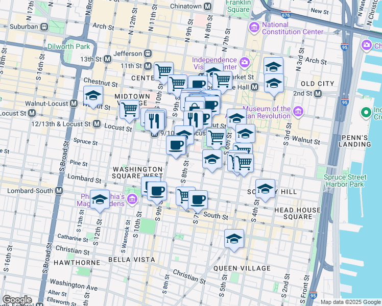 map of restaurants, bars, coffee shops, grocery stores, and more near 736 Manning Street in Philadelphia