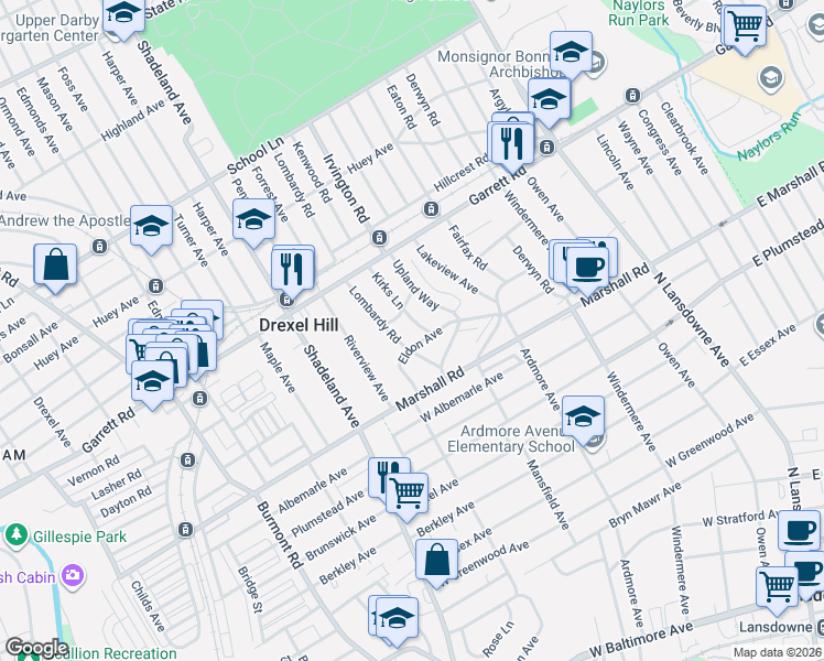 map of restaurants, bars, coffee shops, grocery stores, and more near 354 Kirks Lane in Drexel Hill