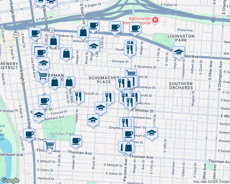 map of restaurants, bars, coffee shops, grocery stores, and more near 483 East Columbus Street in Columbus