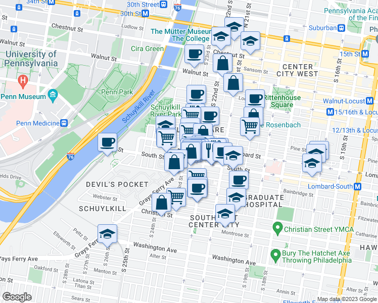map of restaurants, bars, coffee shops, grocery stores, and more near 2301 Naudain Street in Philadelphia
