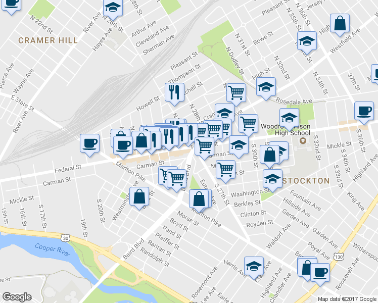 map of restaurants, bars, coffee shops, grocery stores, and more near 2642 Federal St in Camden
