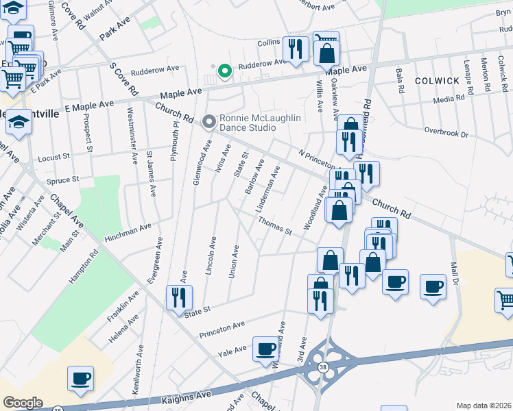 map of restaurants, bars, coffee shops, grocery stores, and more near 207 Barlow Avenue in Cherry Hill