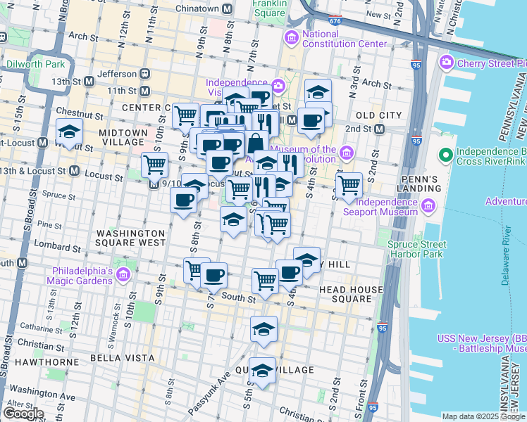 map of restaurants, bars, coffee shops, grocery stores, and more near 241 South 6th Street in Philadelphia