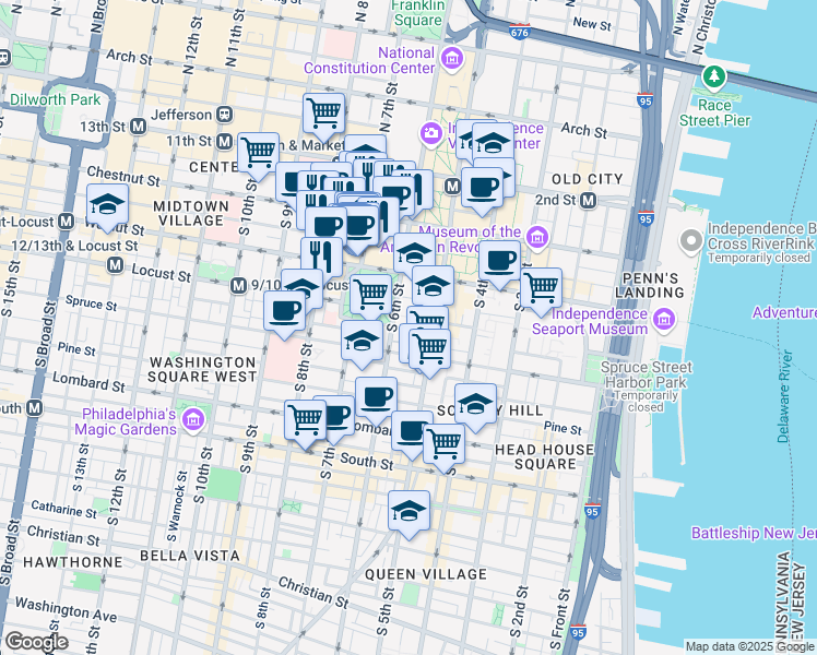 map of restaurants, bars, coffee shops, grocery stores, and more near 241 South 6th Street in Philadelphia