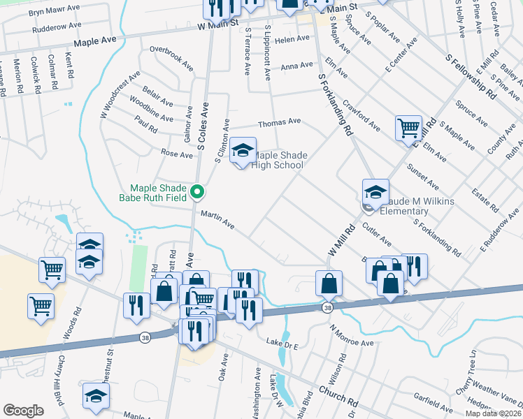 map of restaurants, bars, coffee shops, grocery stores, and more near 219 West Center Avenue in Maple Shade