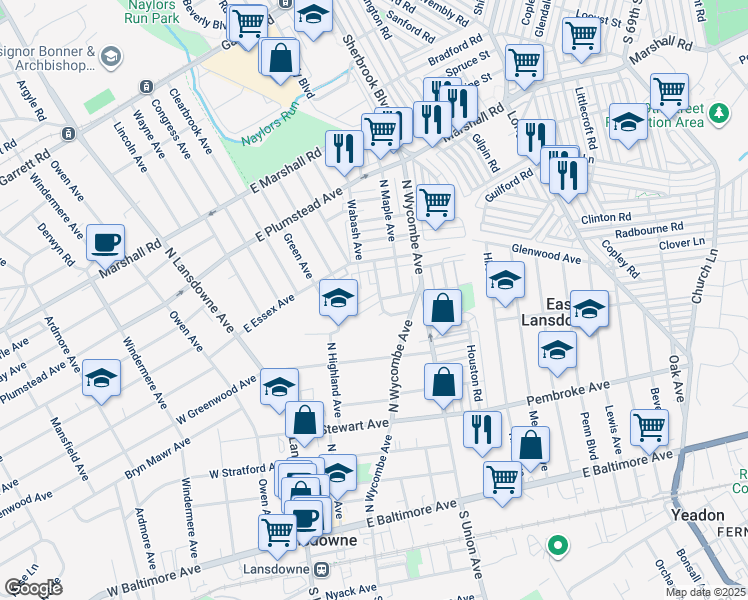 map of restaurants, bars, coffee shops, grocery stores, and more near 164 Woodland Avenue in Lansdowne