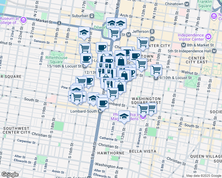 map of restaurants, bars, coffee shops, grocery stores, and more near 318 South Juniper Street in Philadelphia