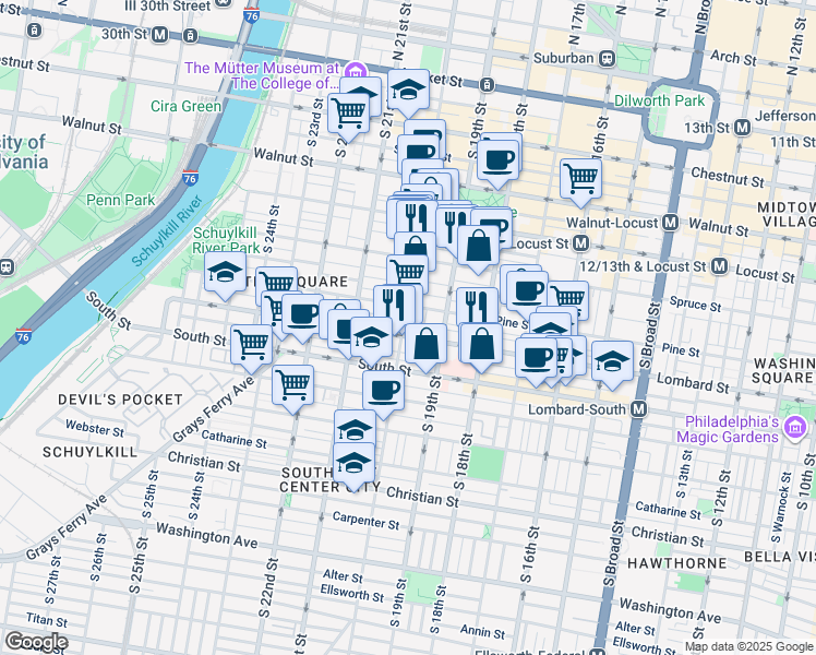 map of restaurants, bars, coffee shops, grocery stores, and more near 423 South 20th Street in Philadelphia