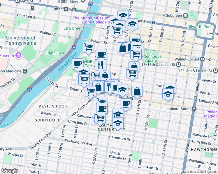 map of restaurants, bars, coffee shops, grocery stores, and more near 2138-42 Lombard Street in Philadelphia