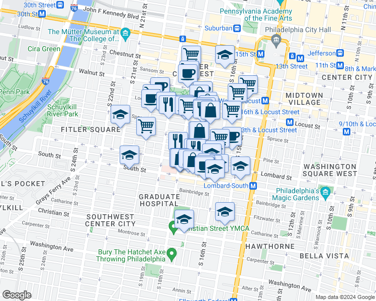 map of restaurants, bars, coffee shops, grocery stores, and more near 1728 Pine Street in Philadelphia