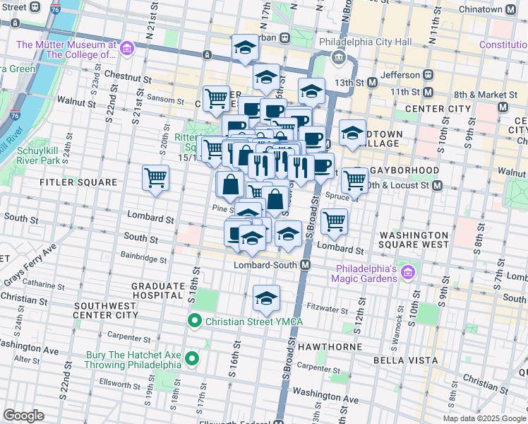 map of restaurants, bars, coffee shops, grocery stores, and more near 1535 Pine Street in Philadelphia