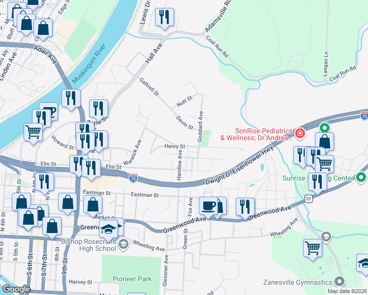 map of restaurants, bars, coffee shops, grocery stores, and more near 1281 Henry Street in Zanesville