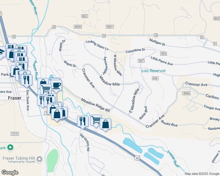 map of restaurants, bars, coffee shops, grocery stores, and more near 100-146 County Highway 832 in Fraser