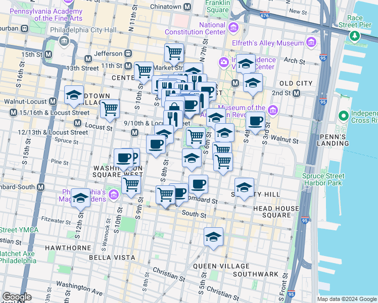 map of restaurants, bars, coffee shops, grocery stores, and more near 201 South 7th Street in Philadelphia