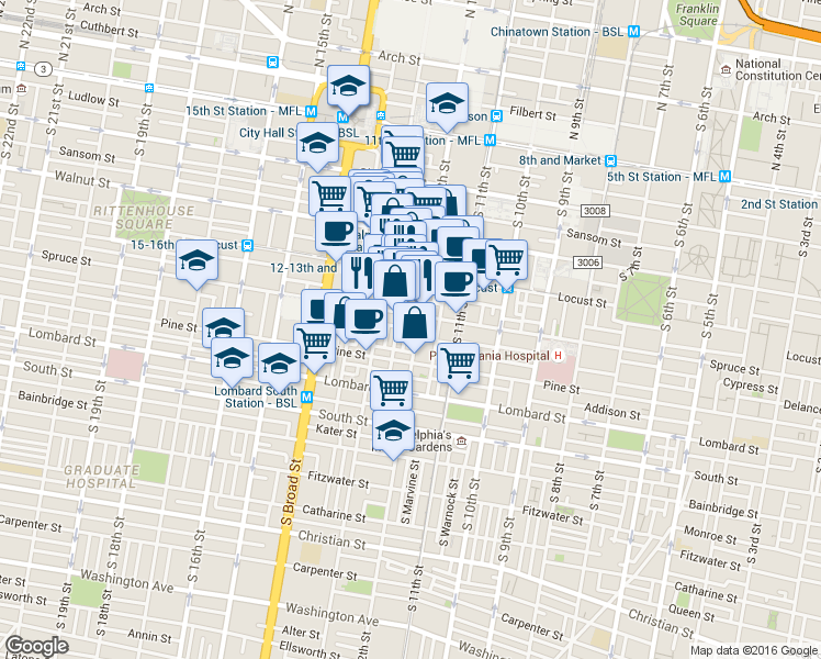 map of restaurants, bars, coffee shops, grocery stores, and more near in Philadelphia
