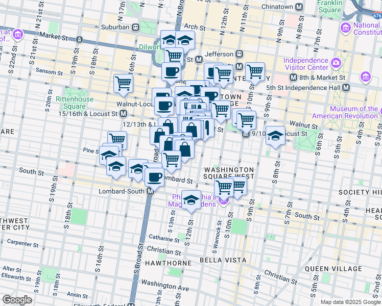 map of restaurants, bars, coffee shops, grocery stores, and more near 1220 Spruce Street in Philadelphia