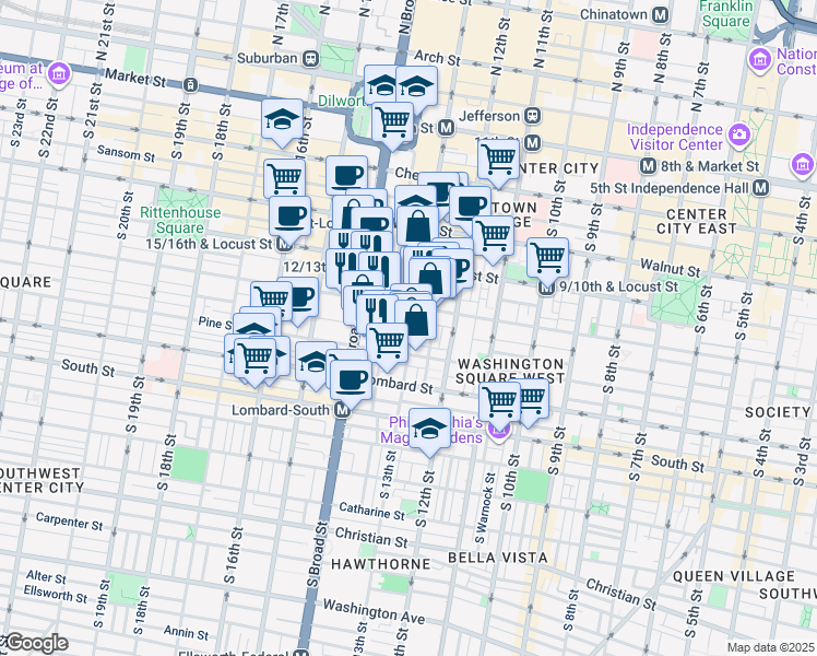 map of restaurants, bars, coffee shops, grocery stores, and more near 1321 Cypress Street in Philadelphia