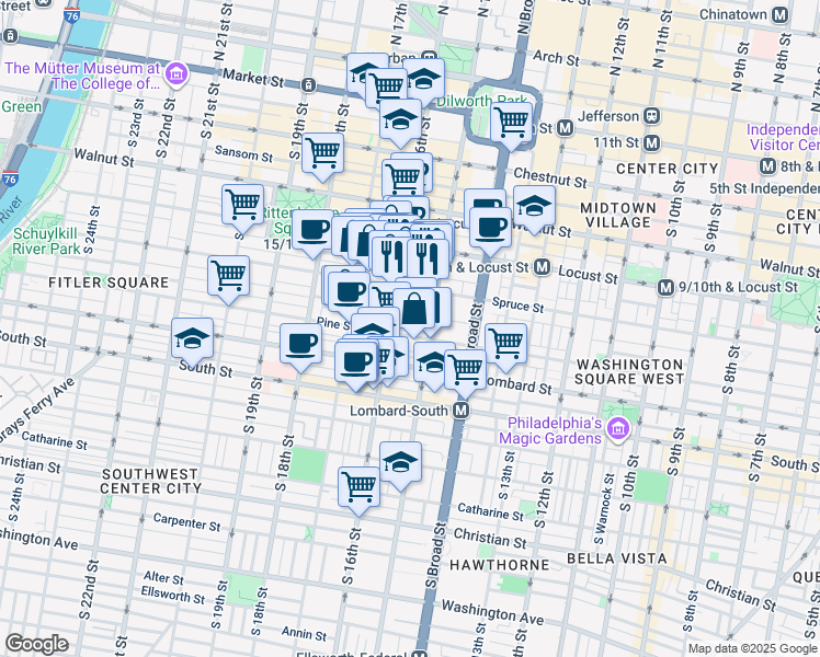 map of restaurants, bars, coffee shops, grocery stores, and more near 325 South 16th Street in Philadelphia
