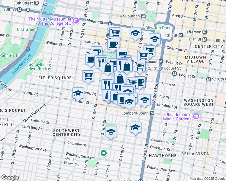 map of restaurants, bars, coffee shops, grocery stores, and more near 1728 Pine Street in Philadelphia