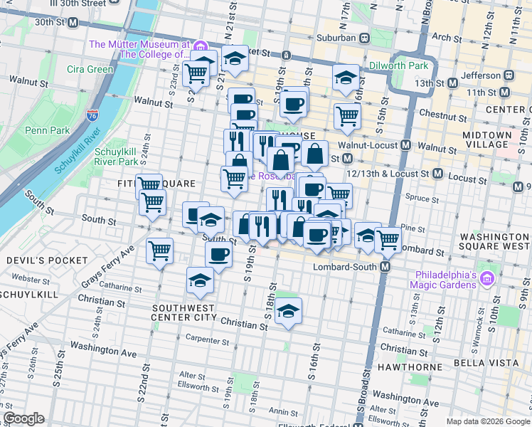 map of restaurants, bars, coffee shops, grocery stores, and more near 1826 Pine Street in Philadelphia