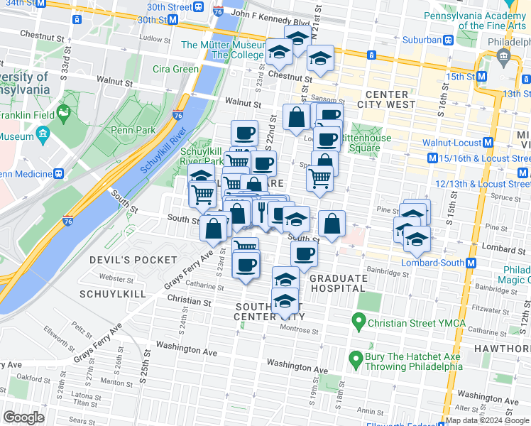 map of restaurants, bars, coffee shops, grocery stores, and more near in Philadelphia