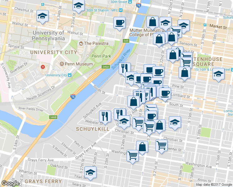 map of restaurants, bars, coffee shops, grocery stores, and more near 554-598 South 27th Street in Philadelphia