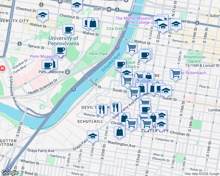 map of restaurants, bars, coffee shops, grocery stores, and more near 554-598 South 27th Street in Philadelphia