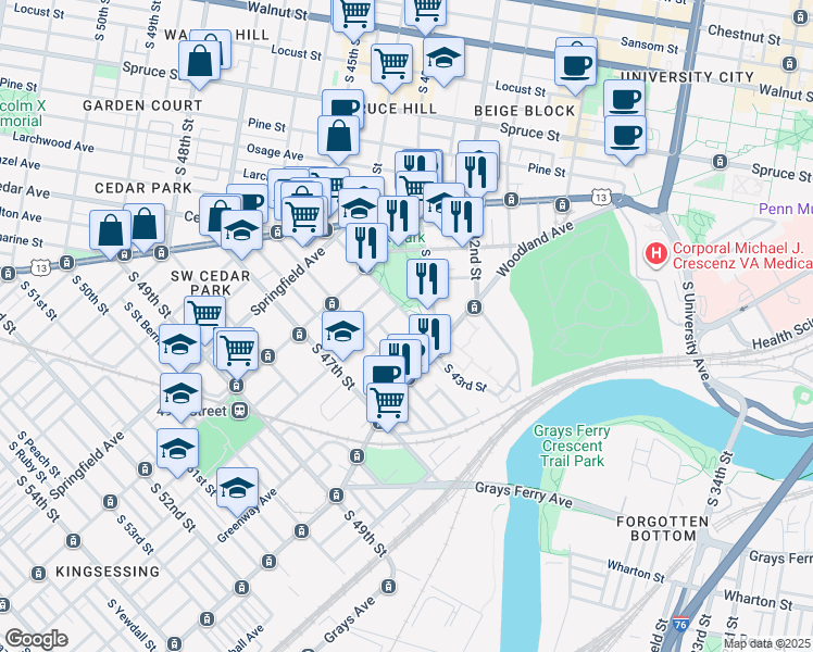 map of restaurants, bars, coffee shops, grocery stores, and more near 4500 Kingsessing Avenue in Philadelphia