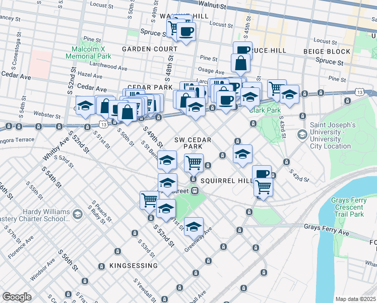 map of restaurants, bars, coffee shops, grocery stores, and more near 914 South 48th Street in Philadelphia