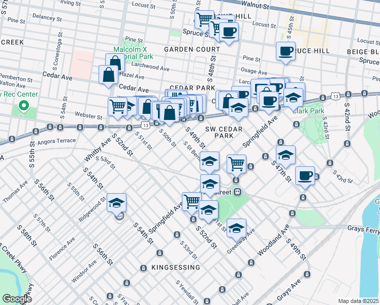 map of restaurants, bars, coffee shops, grocery stores, and more near 817 South Saint Bernard Street in Philadelphia