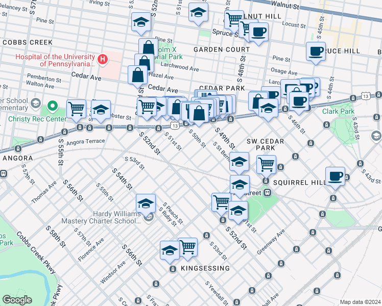 map of restaurants, bars, coffee shops, grocery stores, and more near 819 South 51st Street in Philadelphia